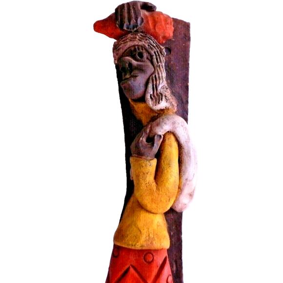 Vintage Terracotta Hand Painted Carved Haiti Woman Figure Wall Hanging Decor 14" - Picture 3 of 8